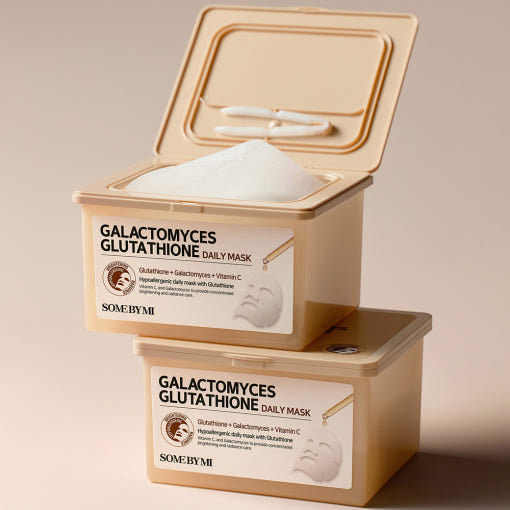 ProtoClinical k-beauty [SOME BY MI] Galactomyces Glutathione Daily Mask 30 Sheets shown as two beige tubs stacked with the top lid open and white mask sheets visible on a warm cream background