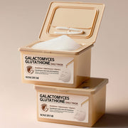 ProtoClinical k-beauty [SOME BY MI] Galactomyces Glutathione Daily Mask 30 Sheets shown as two beige tubs stacked with the top lid open and white mask sheets visible on a warm cream background