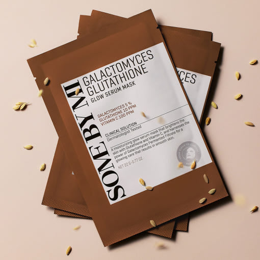 ProtoClinical k-beauty [SOME BY MI] Galactomyces Glutathione Glow Serum Mask Sheet 22g*10ea single square sheet mask pouch with dark brown top and bottom bands and a pale center panel