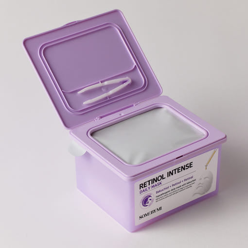 ProtoClinical k-beauty [SOME BY MI] Retinol Intense Daily Mask 30 Sheets/350ml open lavender tub with a white sheet mask inside and tweezers set in the lid on a light gray background