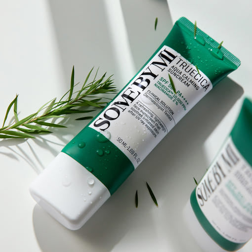 ProtoClinical k-beauty [SOME BY MI] Truecica Aqua Calming Suncream 50+ PA++++ 50ml shown as a single upright sun cream package centered on a light background.