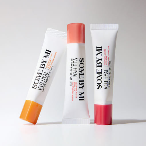 ProtoClinical k-beauty [SOME BY MI] V10 Hyal Lip Sun Protector 7ml single upright lip sun protector tube centered on a pale background