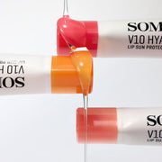 ProtoClinical k-beauty [SOME BY MI] V10 Hyal Lip Sun Protector 7ml single upright lip sun protector tube centered on a pale blue and cream background