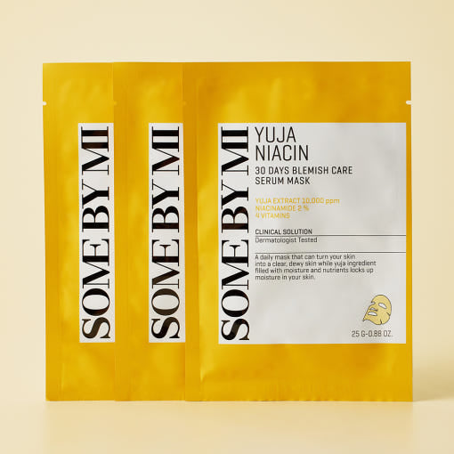 ProtoClinical k-beauty [SOME BY MI] Yuja Niacin Blemish Care Serum Mask 25g*10ea single yellow sheet mask pack front-facing on a white background