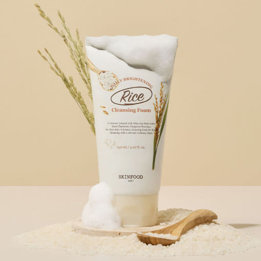 ProtoClinical k-beauty SKINFOOD Rice Daily Brightening Cleansing Foam 150ml displayed in a centered product packshot with visible label details on a white background