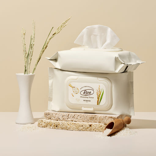 ProtoClinical k-beauty SKINFOOD Rice Daily Brightening Cleansing Tissue 80ea/380ml single cleansing tissue package shown upright with a visible front label on a light background