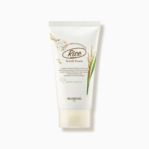SKINFOOD Rice Daily Brightening Scrub Foam 150ml by ProtoClinical shown in a product detail image with the scrub foam packaging and branding visible on a white background for a k-beauty cleansing routine.