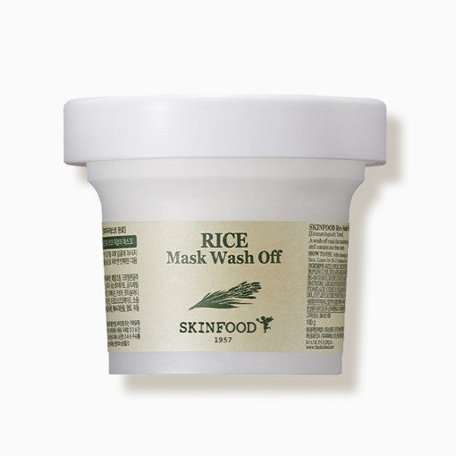 ProtoClinical k-beauty SKINFOOD Rice Mask Wash Off 120g single beige jar centered on a pale lavender background
