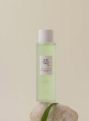 ProtoClinical k-beauty [Beauty of Joseon] Green Plum AHA BHA Toner 150ml translucent light green toner bottle with a white cap standing on a pale stone with a green leaf against a warm beige background