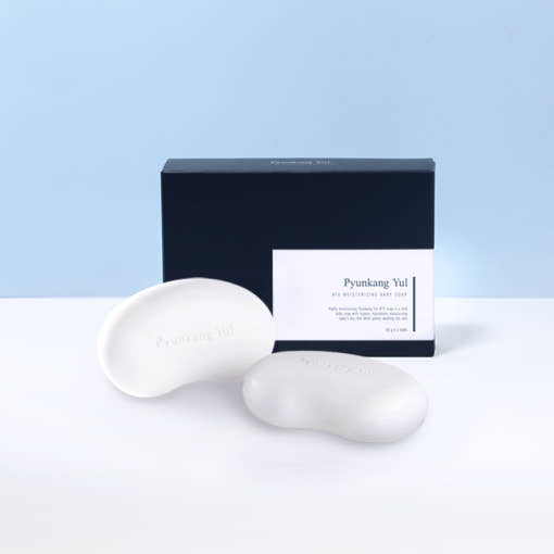 ProtoClinical k-beauty [Pyunkang yul] Ato Moisturizing Baby Soap 80gX2ea single white soap box with a dark blue band centered on a white background.
