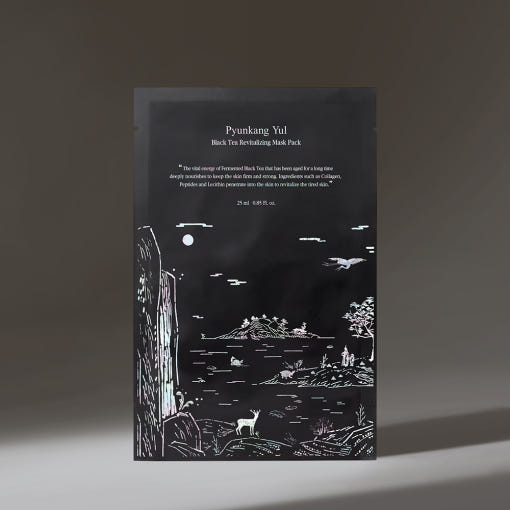 ProtoClinical k-beauty [Pyunkang Yul] Black Tea Revitalizing Mask Pack 25ml*10 Sheets single dark sheet mask pack centered on a gray background