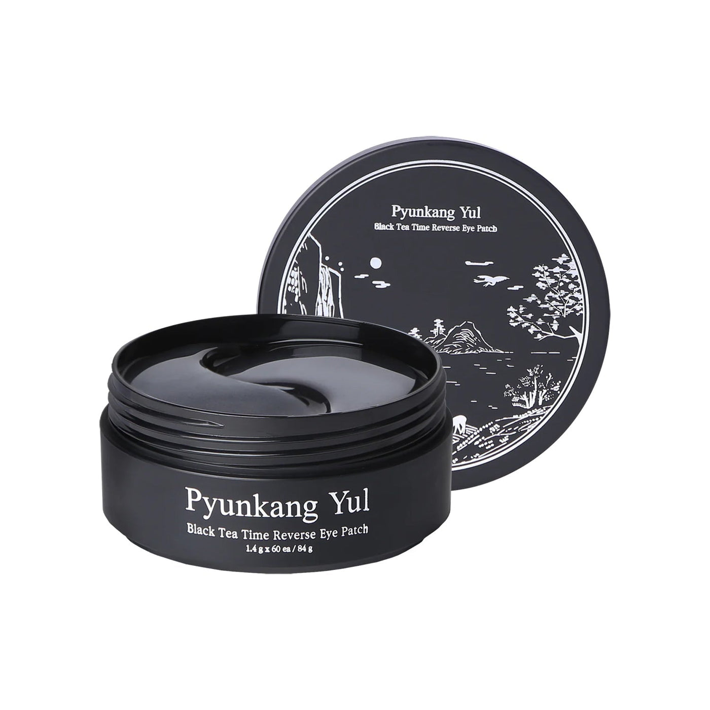 ProtoClinical k-beauty [Pyunkang Yul] Black Tea Time Reverse Eye Patch 60ea/84g single dark eye patch jar centered on a white background