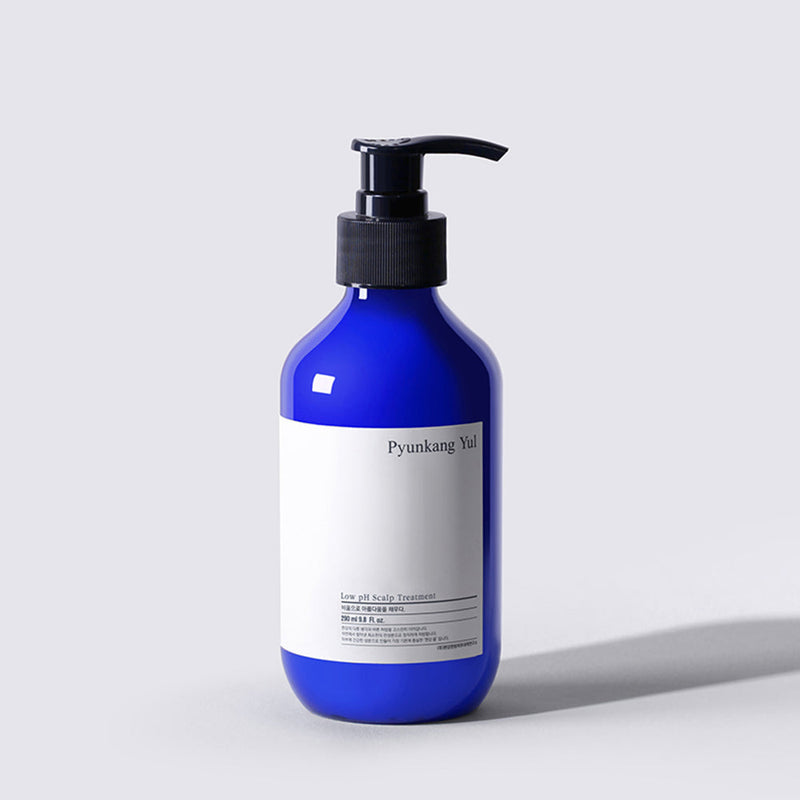 ProtoClinical k-beauty [Pyunkang Yul] Low pH Scalp Treatment 290ml single centered dark blue treatment bottle on a light background
