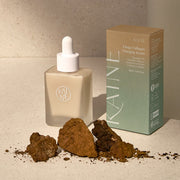 ProtoClinical k-beauty KAINE Chaga Collagen Charging Serum 30ml abstract beauty graphic with a dark brown horizontal band, a beige lower-left block, and an olive green right panel