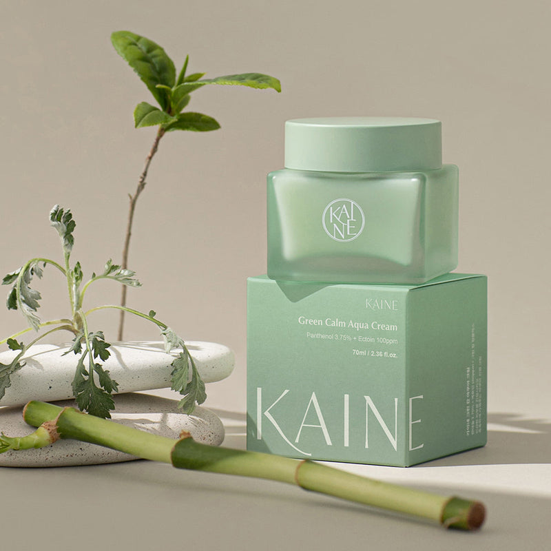 ProtoClinical k-beauty KAINE Green Calm Aqua Cream 70ml soft green skincare cream product graphic on a light background.