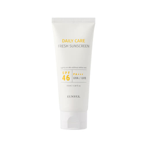 ProtoClinical k-beauty EUNYUL: Daily Care Fresh Sunscreen Spf46 Pa (100ml) single upright pale gray sunscreen package centered on a light background