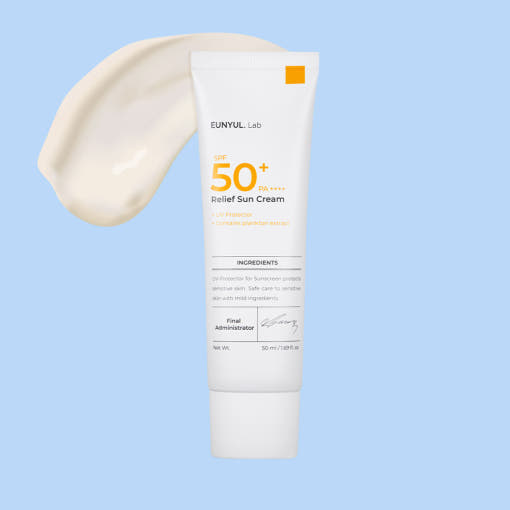 ProtoClinical k-beauty EUNYUL Lab Relief Sun Cream SPF50+ PA++++ 50ml single front-facing sun cream package centered on a light background
