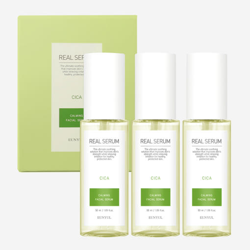 ProtoClinical k-beauty EUNYUL Real Cica Serum 50ml*3ea multiple light green serum bottles and matching boxes arranged in a grid on a white background