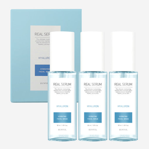 ProtoClinical k-beauty EUNYUL Real Hyaluronic Acid Serum 50ml*3ea multiple pale blue serum bottles and matching boxes arranged in a grid on a white background