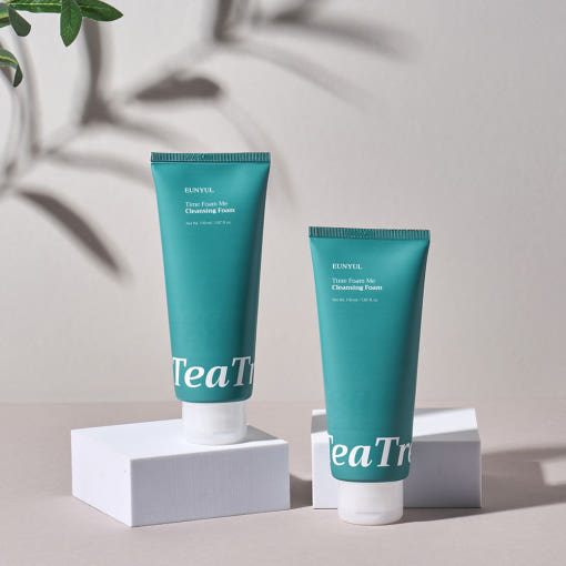 ProtoClinical k-beauty EUNYUL Time Foam Me Tea Tree Cleansing Foam 150ml two teal cleansing foam packages side by side on a pale pink and white background