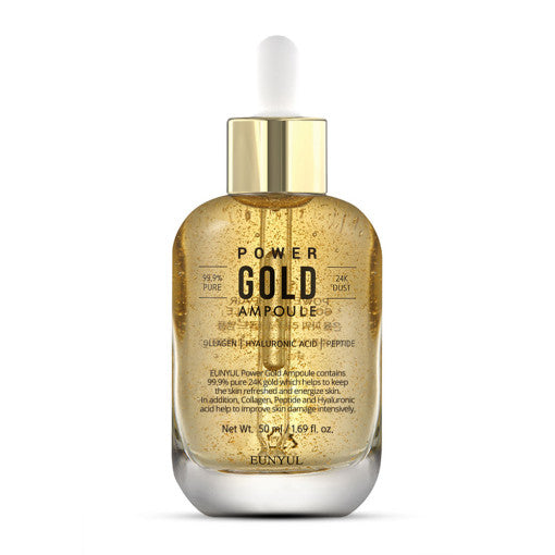 ProtoClinical k-beauty EUNYUL Power Gold Ampoule 50ml single square ampoule packshot with branded packaging on a clean white background