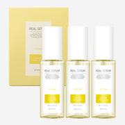 ProtoClinical k-beauty EUNYUL Real Vitamin Serum 50ml*3ea three upright yellow serum package forms grouped side by side on a pale green and cream background
