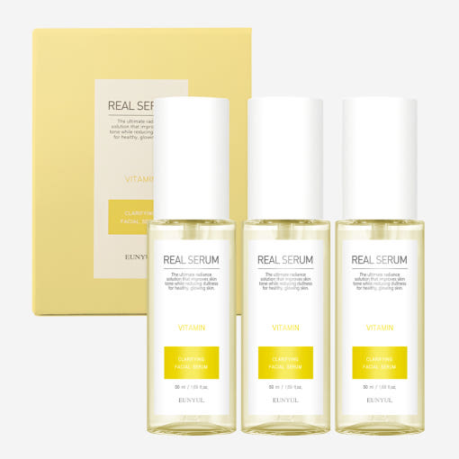 ProtoClinical k-beauty EUNYUL Real Vitamin Serum 50ml*3ea three upright yellow serum package forms grouped side by side on a pale green and cream background