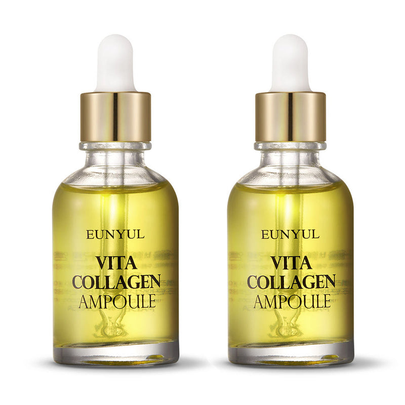 ProtoClinical k-beauty EUNYUL Vita Collagen Ampoule 30ml*2 two upright olive-gold ampoule bottles side by side on a pale yellow background