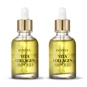 ProtoClinical k-beauty EUNYUL Vita Collagen Ampoule 30ml*2 two upright olive-gold ampoule bottles side by side on a pale yellow background