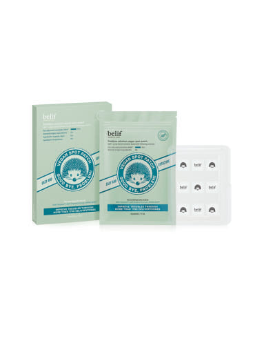 ProtoClinical k-beauty belif Problem Solution Vegan Spot Patch 9 patches tall spot patch package graphic with pale blue and white tones