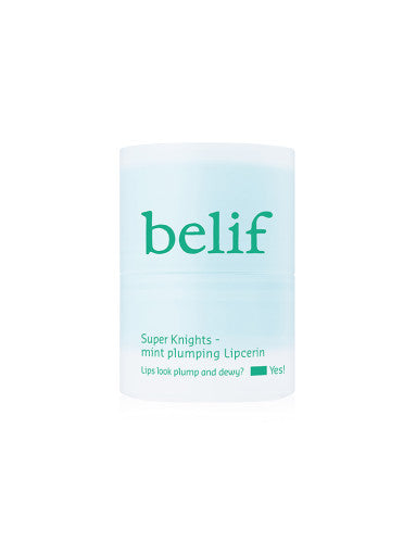 ProtoClinical k-beauty belif Super Knight Mint Pluming Lipcerin 15ml tall lip treatment detail graphic with peach and green accent tones