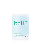 ProtoClinical k-beauty belif Super Knight Mint Pluming Lipcerin 15ml tall lip treatment detail graphic with peach and green accent tones