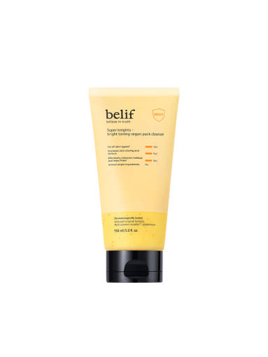 ProtoClinical k-beauty belif Super Knights Bright Toning Vegan Pack Cleanser 150ml single upright cleanser tube in warm gold packaging on a light background.