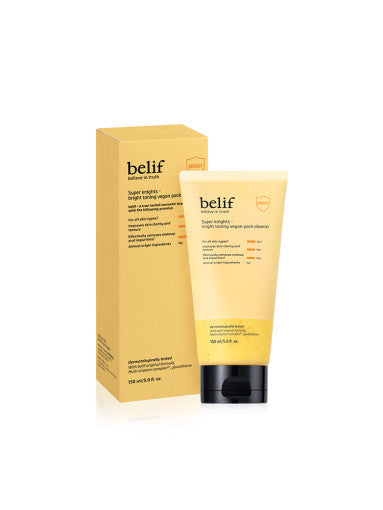 ProtoClinical k-beauty belif Super Knights Bright Toning Vegan Pack Cleanser 150ml single upright cleanser tube in warm gold packaging on a light background.