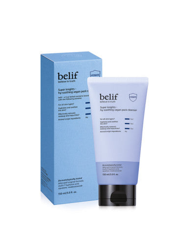 ProtoClinical k-beauty belif Super Knights Hy-soothing Vegan Pack Cleanser 150ml single upright cleanser tube in cool blue packaging on a light background.