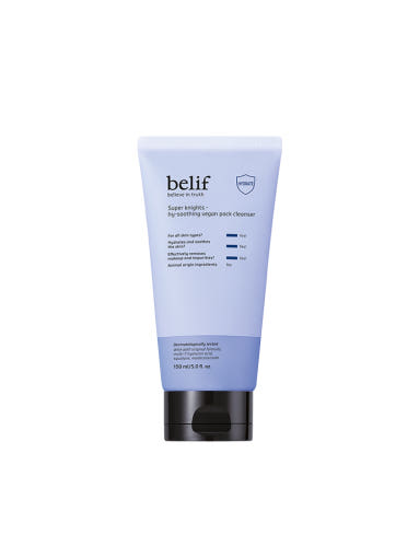 ProtoClinical k-beauty belif Super Knights Hy-soothing Vegan Pack Cleanser 150ml single upright cleanser tube in cool blue packaging on a light background.