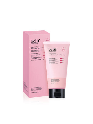 ProtoClinical k-beauty belif Super Knights Pore Firming Vegan Pack Cleanser 150ml single upright cleanser tube in soft pink packaging on a light background.