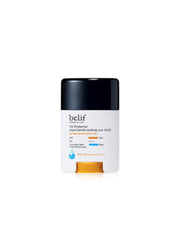 ProtoClinical k-beauty belif UV Protector Aqua Bomb Cooling Sun Stick 14g (SPF 50+, PA++++) single upright sun stick package in white and pale aqua tones on a light background.