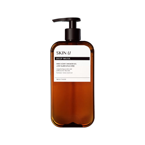 ProtoClinical k-beauty SKIN U INNO:SCENT Shower Gel 500g #DEEP MUSK single tall shower gel bottle in cool blue packaging with a rounded darker cap.
