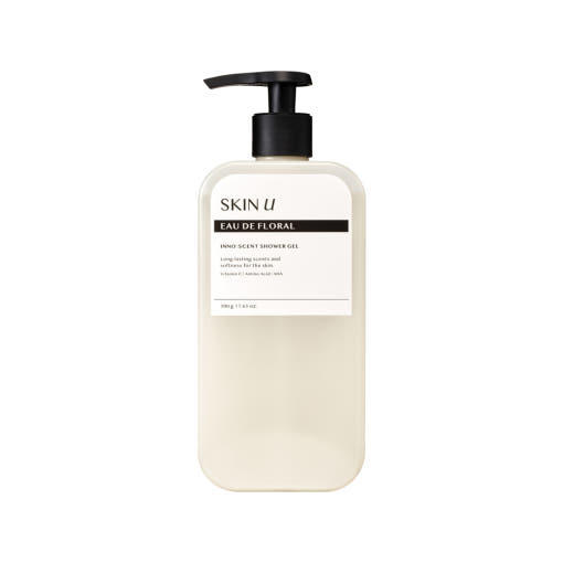 ProtoClinical k-beauty SKIN U INNO:SCENT Shower Gel 500g #EAU DE FLORAL single slim shower gel bottle in pale packaging with a rounded light cap.