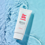 ProtoClinical k-beauty [I'm Sorry For My Skin] Lacto Aqua Sun Cream SPF50+ PA++++ 50ml single upright pale blue sun cream package centered on a blue and teal background.