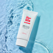 ProtoClinical k-beauty [I'm Sorry For My Skin] Lacto Aqua Sun Cream SPF50+ PA++++ 50ml single upright pale blue sun cream package centered on a blue and teal background.