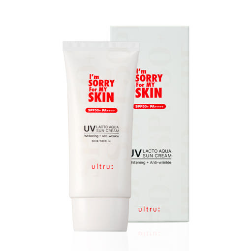 ProtoClinical k-beauty [I'm Sorry For My Skin] Lacto Aqua Sun Cream SPF50+ PA++++ 50ml single upright warm beige sun cream package centered on a light background with pale blue side accents.