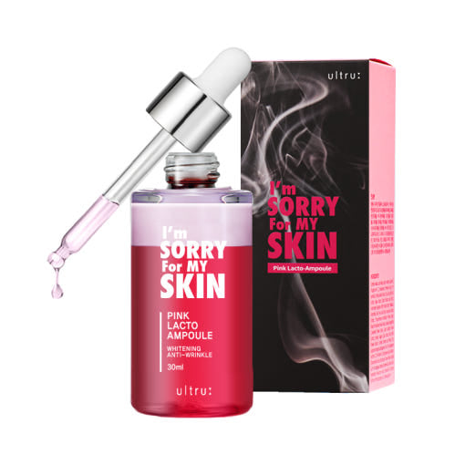 ProtoClinical k-beauty [I'm Sorry For My Skin] Pink Lacto Ampoule 30ml with deep plum and soft pink packaging forms side by side on a light background