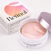 ProtoClinical k-beauty K-SECRET Advanced Regenerating Eye Gel Patches 60ea/102g #RETINOL single lavender product box with a dark lower band on a pale pink and blue background