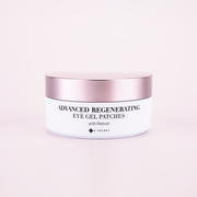 ProtoClinical k-beauty K-SECRET Advanced Regenerating Eye Gel Patches 60ea/102g #RETINOL two red crescent gel eye patches on a pale aqua background in a large square product graphic