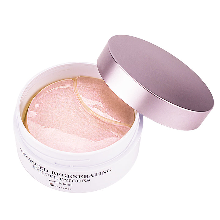 ProtoClinical k-beauty K-SECRET Advanced Regenerating Eye Gel Patches 60ea/102g #RETINOL open pink eye patch jar with red gel patches on a pale aqua background