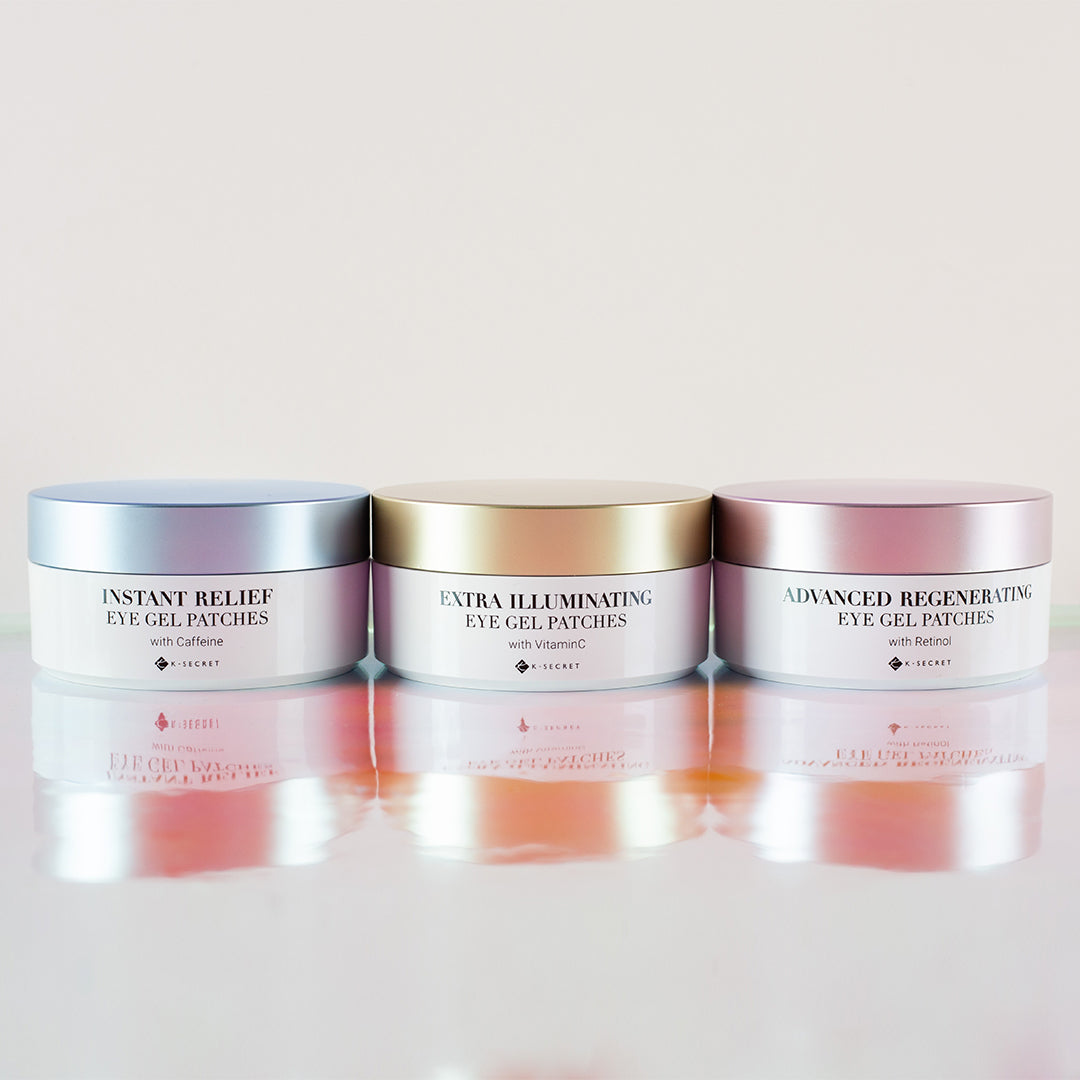 ProtoClinical k-beauty K-SECRET Eye Gel Patches Set (RETINOL + VITAMIN C + CAFFEINE) 60ea/102g*3 multi-piece set on a light neutral background