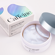ProtoClinical k-beauty K-SECRET Instant Relief Eye Gel Patches 60ea/102g #CAFFEINE single pale blue product box with a dark lower band on a lavender background