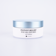 ProtoClinical k-beauty K-SECRET Instant Relief Eye Gel Patches 60ea/102g #CAFFEINE two dark crescent gel eye patches on a pale blue background in a large square product graphic